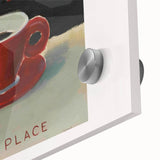 Large abstract wall art in mid-century modernist style, featuring vibrant oranges and yellows on acrylic glass.