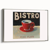 Framed canvas featuring a vintage poster of a colorful landscape painting with black borders, ideal for dining room decor.