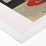 Art deco poster of stylized fruits in bold red and orange tones on rolled canvas, ideal for dining room decor.