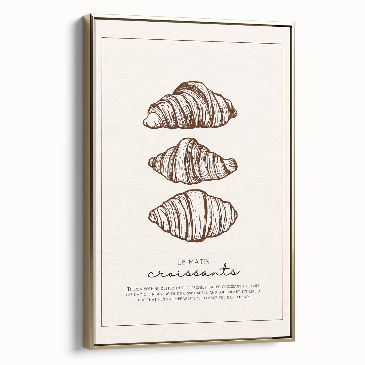 Framed canvas featuring a vintage poster of assorted pastries in gold and black tones, ideal for bedroom wall decor.