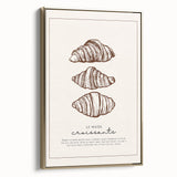 Framed canvas featuring a vintage poster of assorted pastries in gold and black tones, ideal for bedroom wall decor.