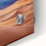 Close-up of an acrylic landscape artwork depicting serene sand dunes under a soft blue sky, showcasing intricate textures and warm earthy tones for a tranquil ambiance.
