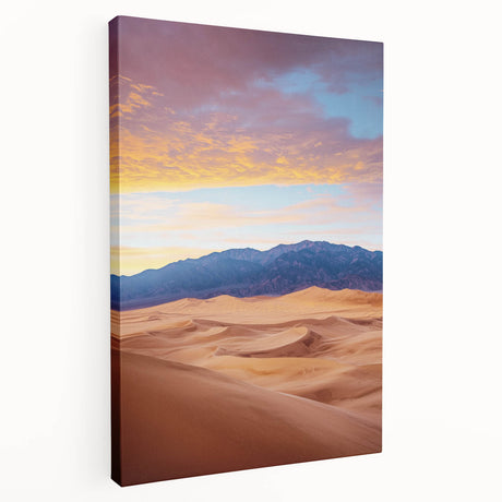 Stretched canvas artwork showcasing serene sand dunes under a soft blue sky, highlighting warm beige and golden hues. Perfect for modern home decor.