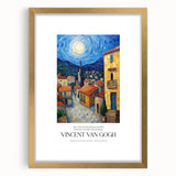 Extra large abstract art print of a Van Gogh impressionist scene in vibrant blues and yellows, framed in gold.