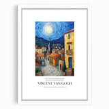 Abstract art print depicting swirls in vibrant blue and yellow hues, framed in white.