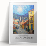 Impressionist-style painting of a starry night sky in deep blue and yellow tones on a white framed acrylic.