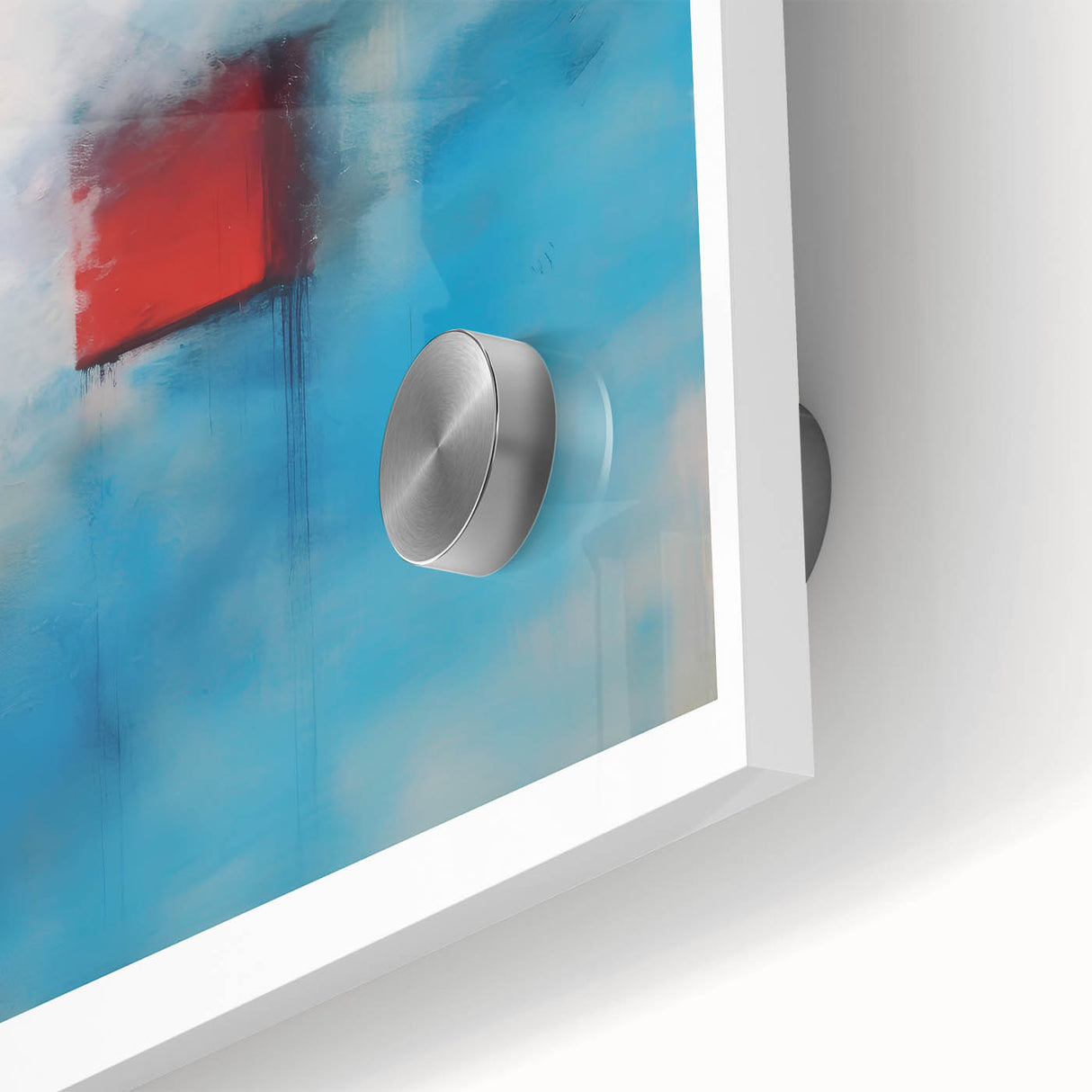 Large abstract wall art in red and orange hues on acrylic glass, mid-century modernist style, ideal for dining room art.