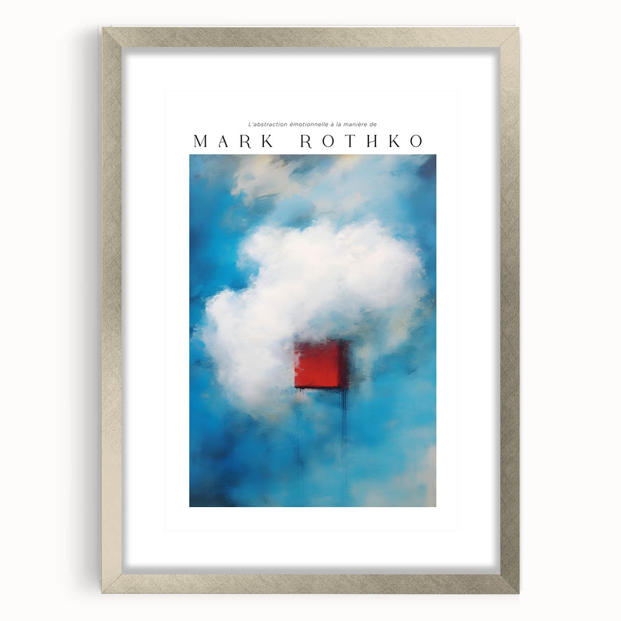 Abstract textured art print in red and black, framed in silver, suitable for modern bedroom ambiance.