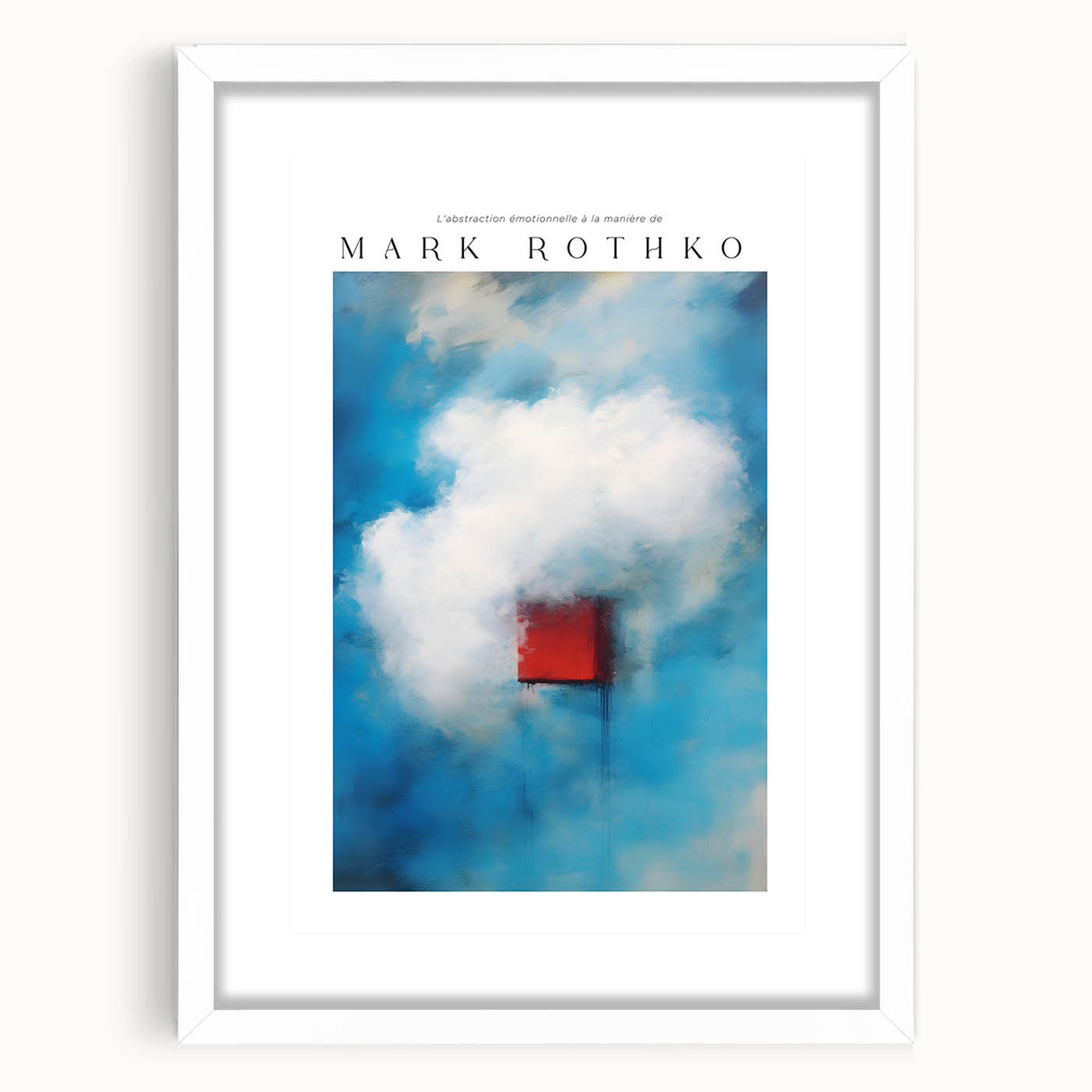 Abstract art print in deep blue and black, framed with a white mat, suitable for bedroom or dining room decor.
