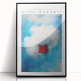 Large abstract wall art featuring bold red and black blocks, framed in black acrylic, in a mid-century modernist style.