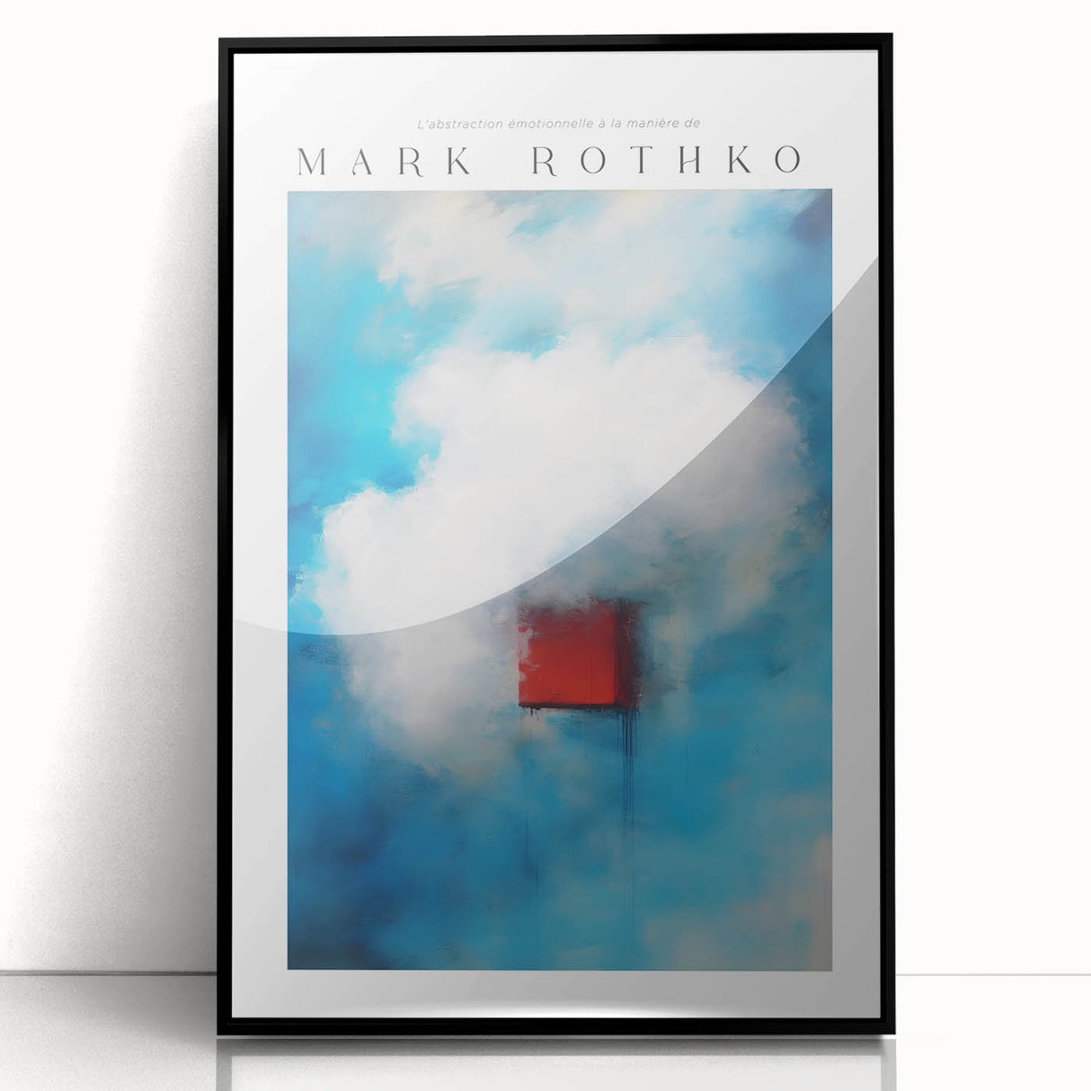 Large abstract wall art featuring bold red and black blocks, framed in black acrylic, in a mid-century modernist style.