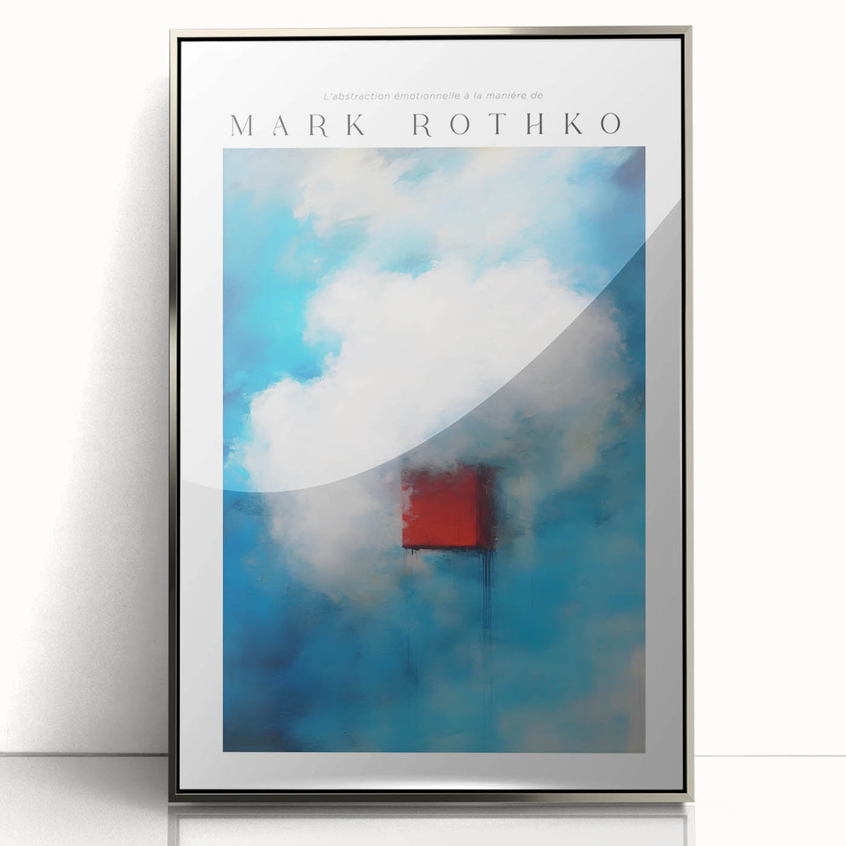 Mid-century modernist art featuring abstract blocks in red and orange on a framed acrylic.