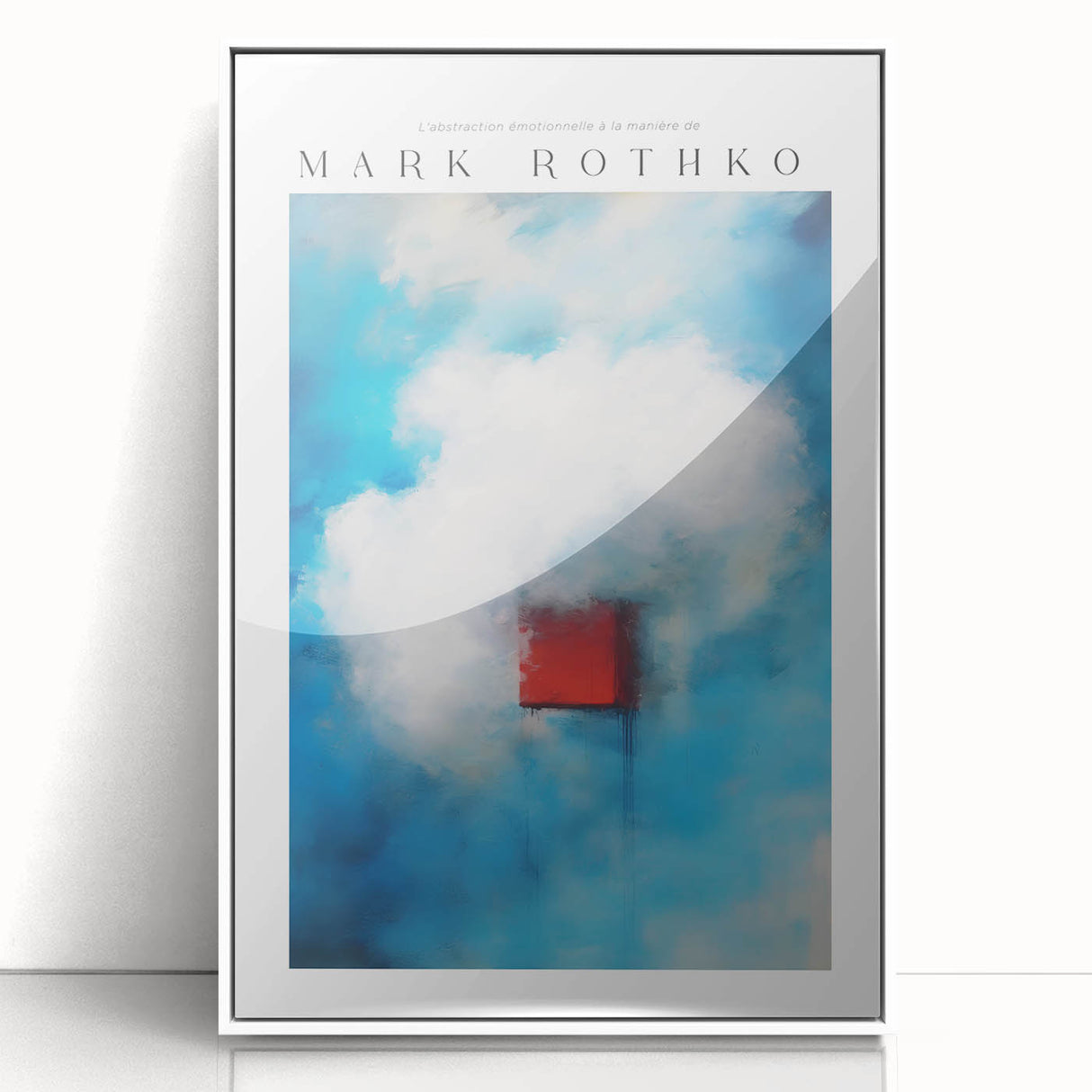 Modern art wall decor featuring abstract blocks of soft pink and navy, acrylic print in white frame, suitable for nursery.