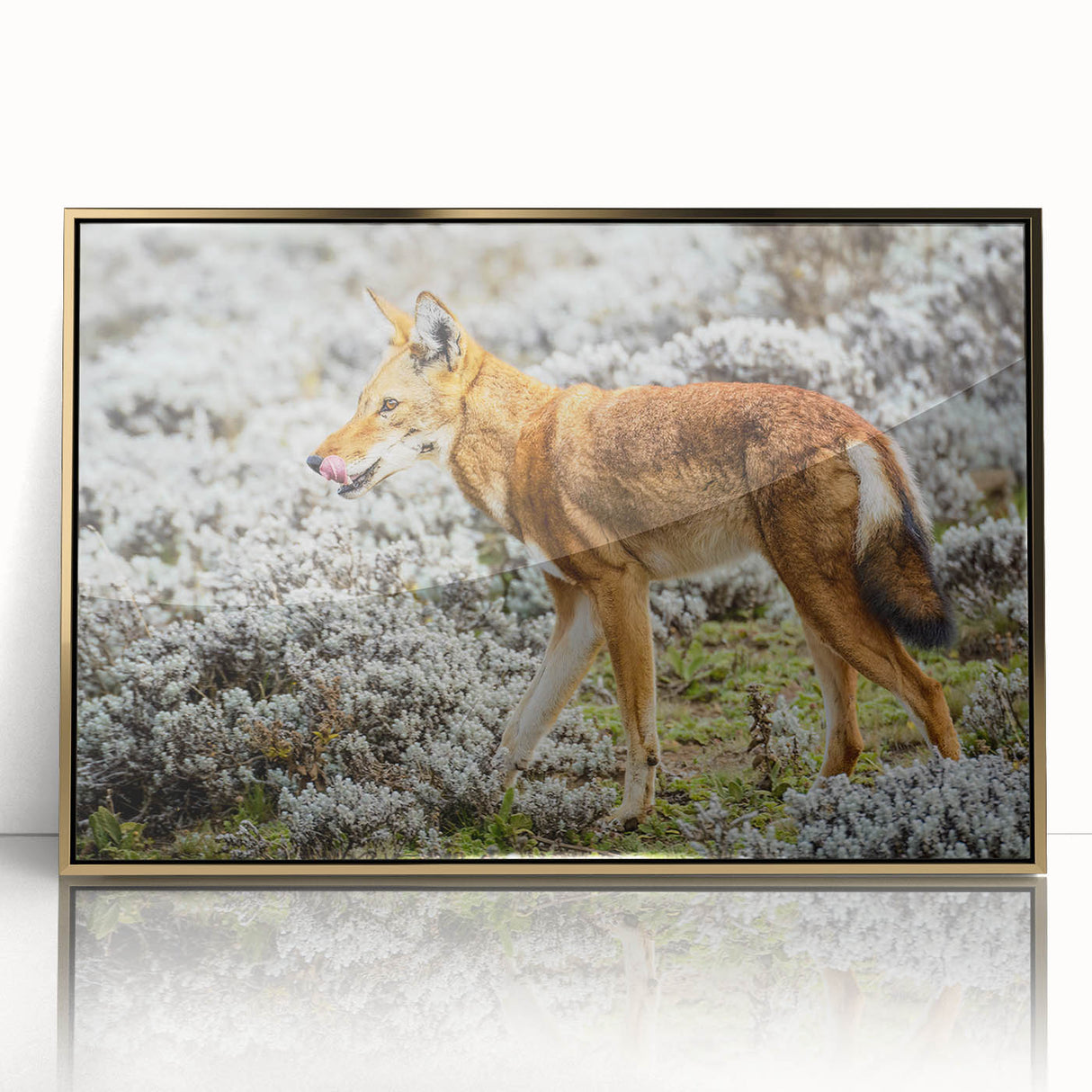 Mid-century modernist art depicting an Ethiopian landscape in muted earth tones on a framed acrylic.