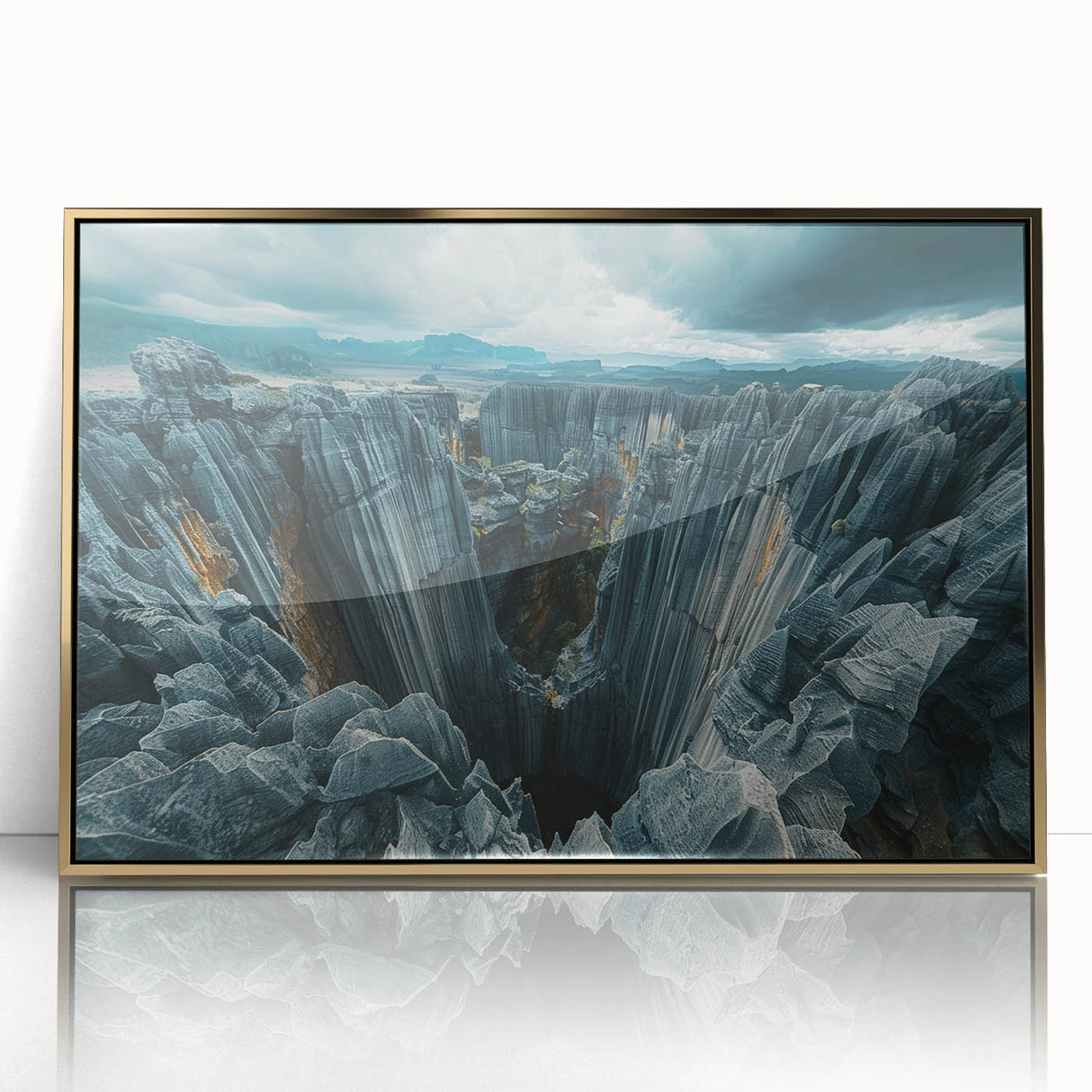 Mid-century modernist art depicting a Madagascar landscape in muted earth tones on a framed acrylic panel.