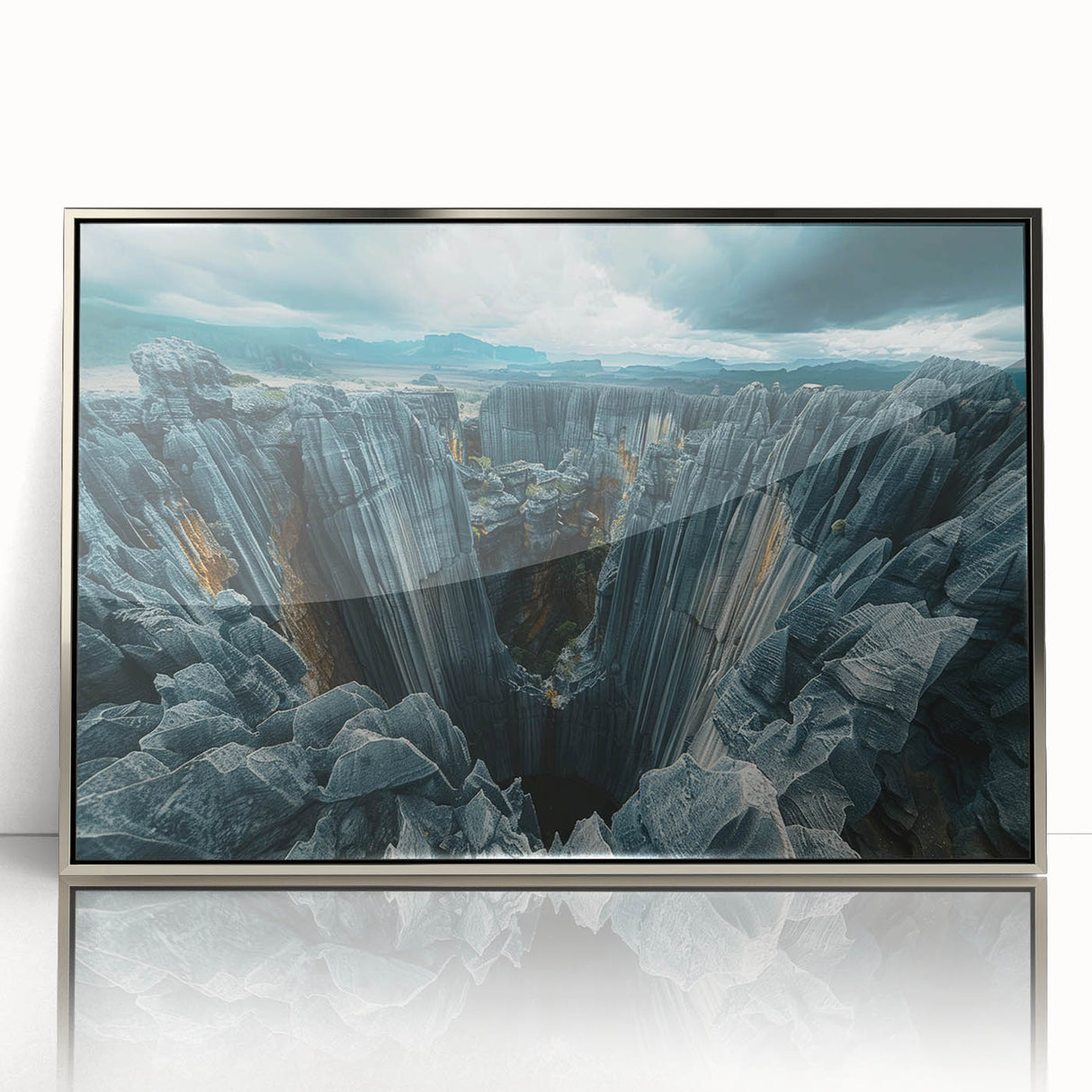 Acrylic print of Madagascar scenery in art deco style, with silver frame, suitable for modern nursery decor.