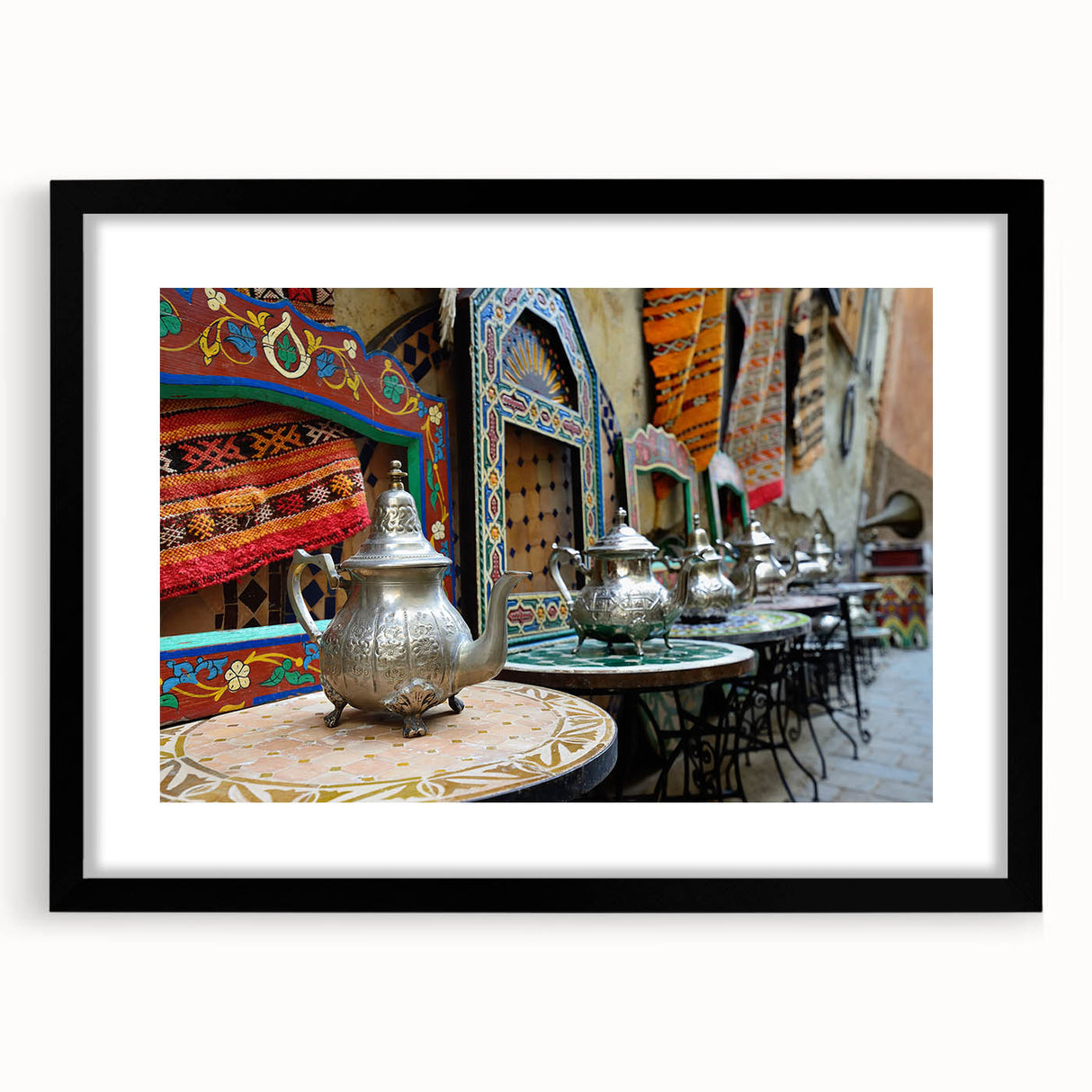 Extra large abstract art print featuring a colorful, textured Moroccan landscape in a black frame.