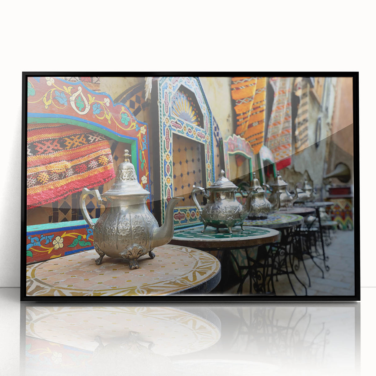 Large abstract wall art depicting a Moroccan landscape in muted earth tones on a framed acrylic panel.