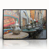 Large abstract wall art depicting a Moroccan landscape in muted earth tones on a framed acrylic panel.