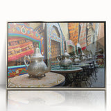 Art deco poster depicting a Moroccan scenery in silver acrylic frame, ideal for modern art wall decor in a nursery.