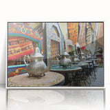 Large art print of a Moroccan landscape in muted earth tones on a framed acrylic, ideal for modern art wall decor.