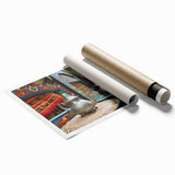 Extra large rolled print featuring a Moroccan landscape with vibrant floral elements, ideal for classy bathroom wall art.