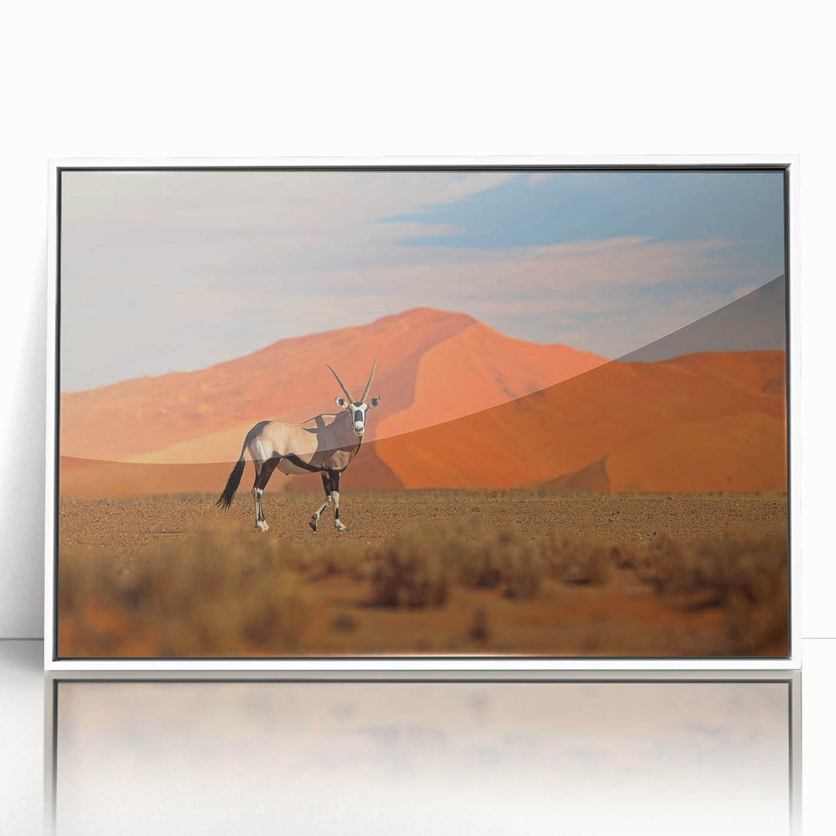 Large art print of an African scenery with neutral earth tones on a framed acrylic, ideal for modern art wall decor.