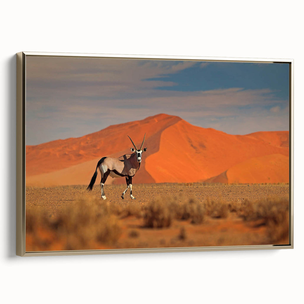 Framed canvas depicting a vintage-style Namibian landscape in monochrome black, ideal for bedroom wall art.