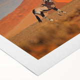 Art deco poster of Namibian landscape in earth tones on rolled canvas, suitable for dining room decor.