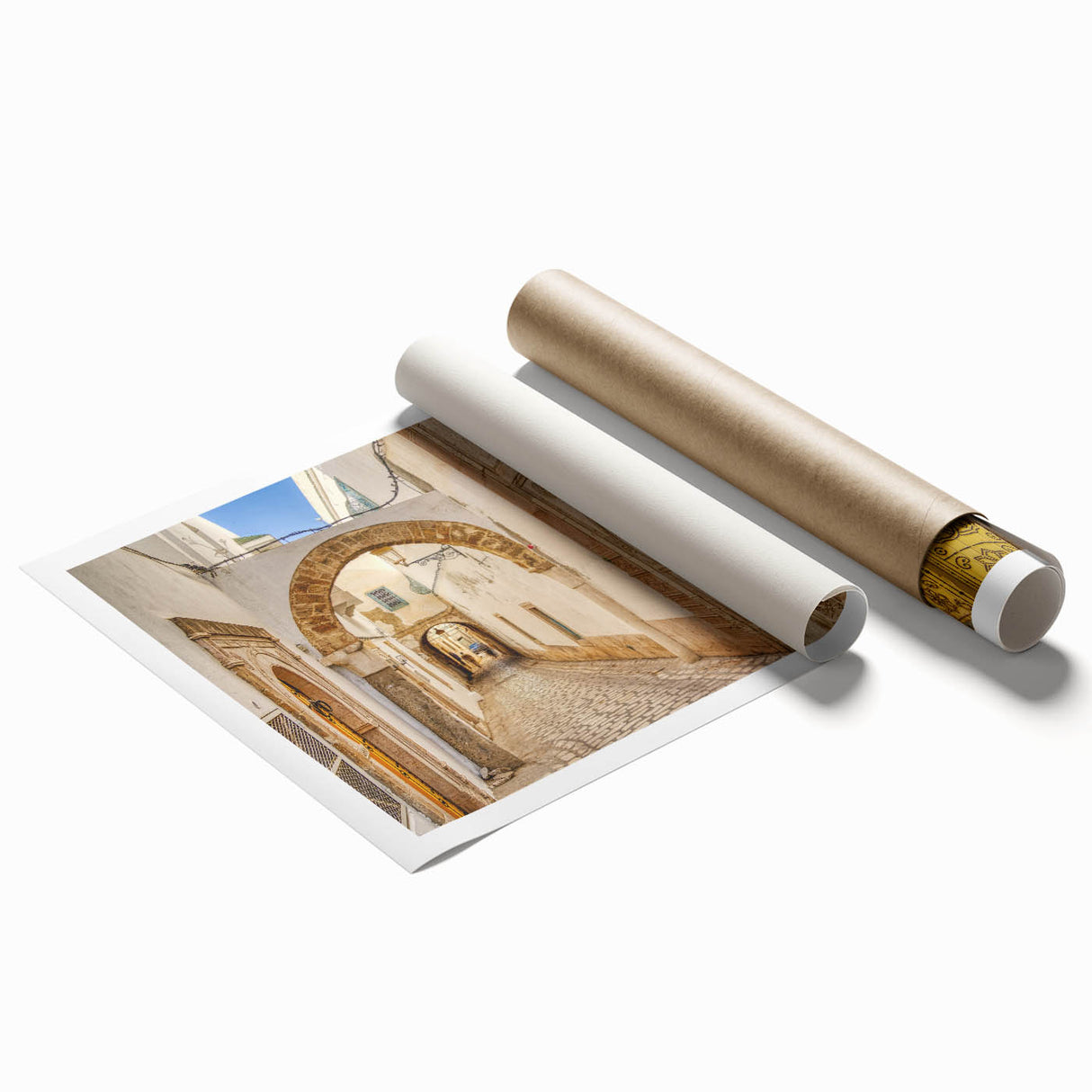 Extra large rolled print featuring a Tunisian landscape with vibrant floral elements, ideal for classy bathroom wall art.