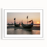 Abstract art print of a serene Bangladesh landscape in muted green and blue tones on a framed white mat.