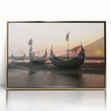 Large art print of a Bangladesh scenery in mid-century modernist style, acrylic framed in gold, suitable for modern decor.