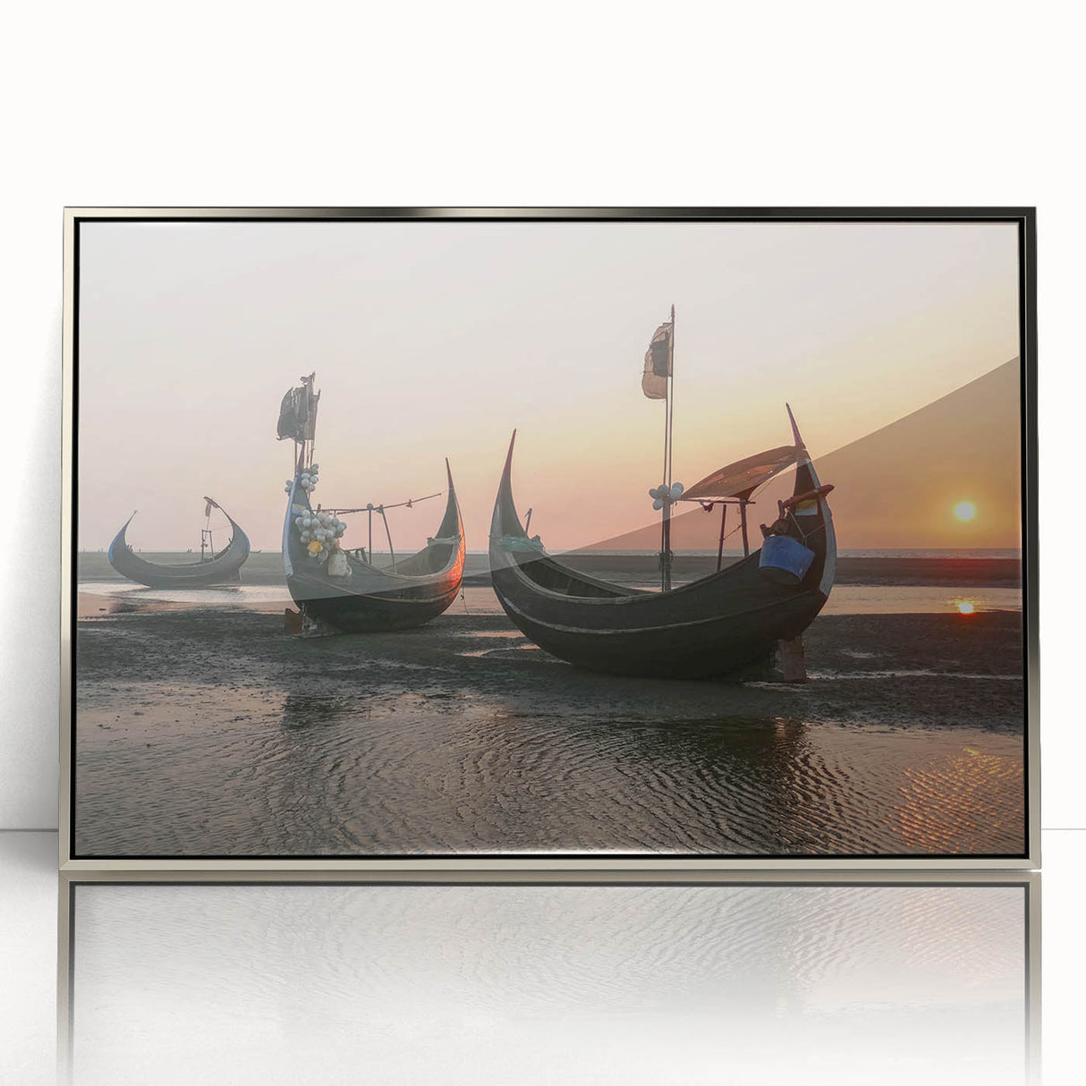 Mid-century modernist art depicting a serene Bangladesh landscape in muted green and blue tones, framed in silver acrylic.