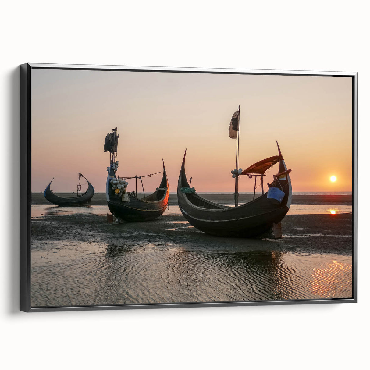 Black and white landscape art of a serene Bangladesh scenery on a framed canvas, suitable for bedroom decor.
