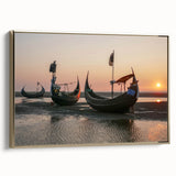 Framed canvas wall art depicting a serene Bangladesh landscape in muted gold and black tones, ideal for bedroom decor.