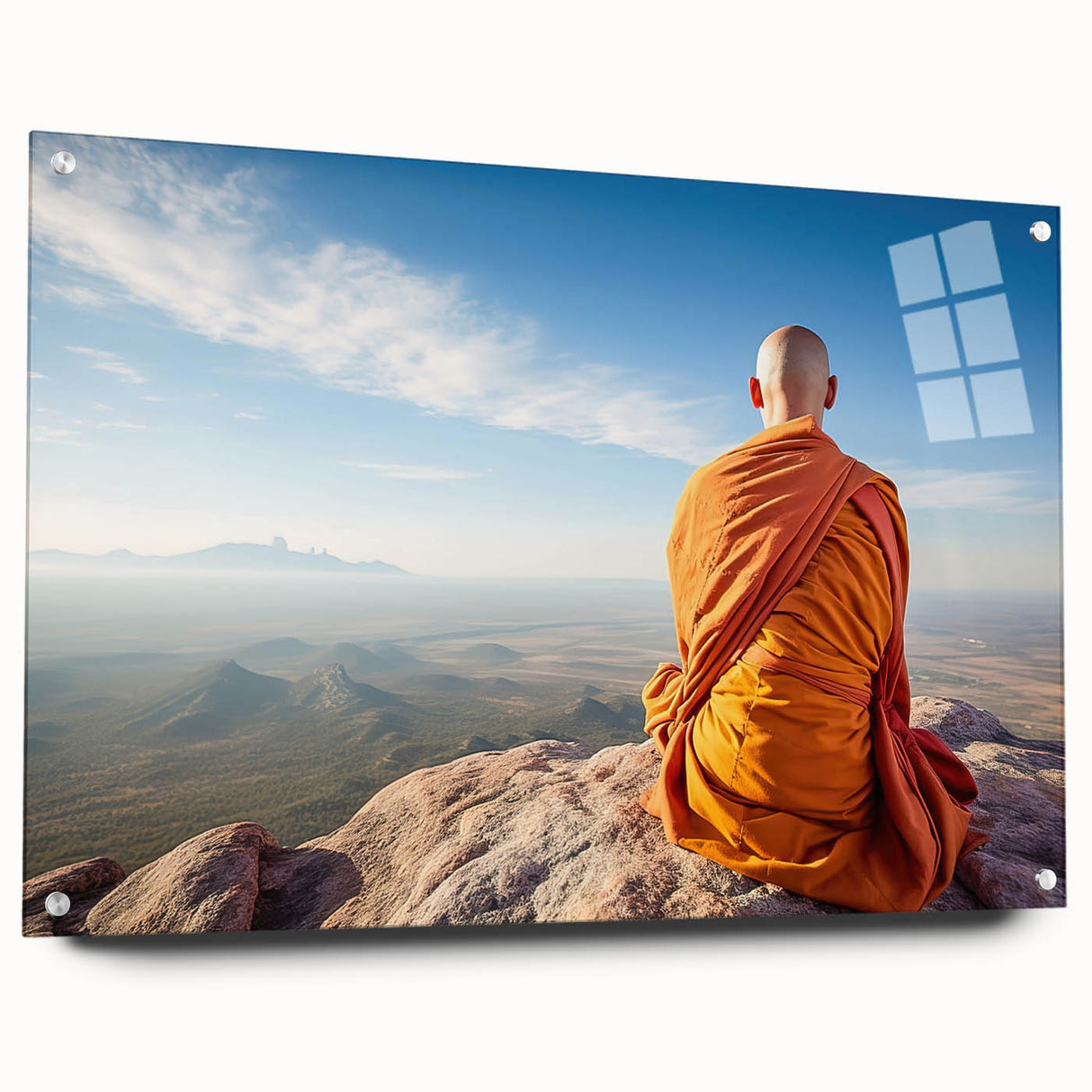 Acrylic print of a large abstract Tibetan landscape in muted earth tones, ideal for dining room decor.
