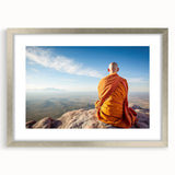 Abstract textured art print depicting a serene Tibetan landscape in muted earth tones, framed in silver.