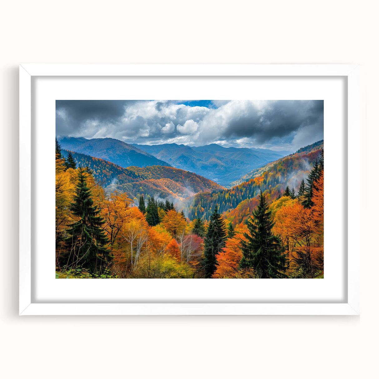 Abstract art print featuring a blend of muted gray and blue tones on a framed white canvas.