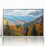 Art deco poster depicting a serene Georgian landscape in muted green and white tones, acrylic print framed.