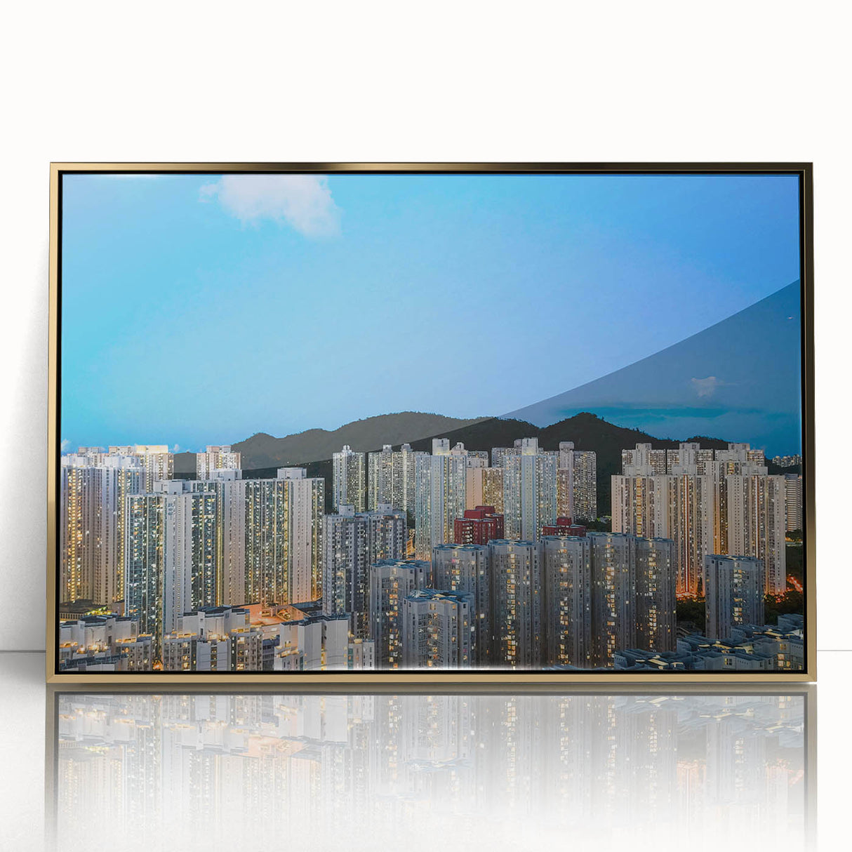 Acrylic print of Hong Kong skyline in gold tones, framed, ideal for modern art wall decor.