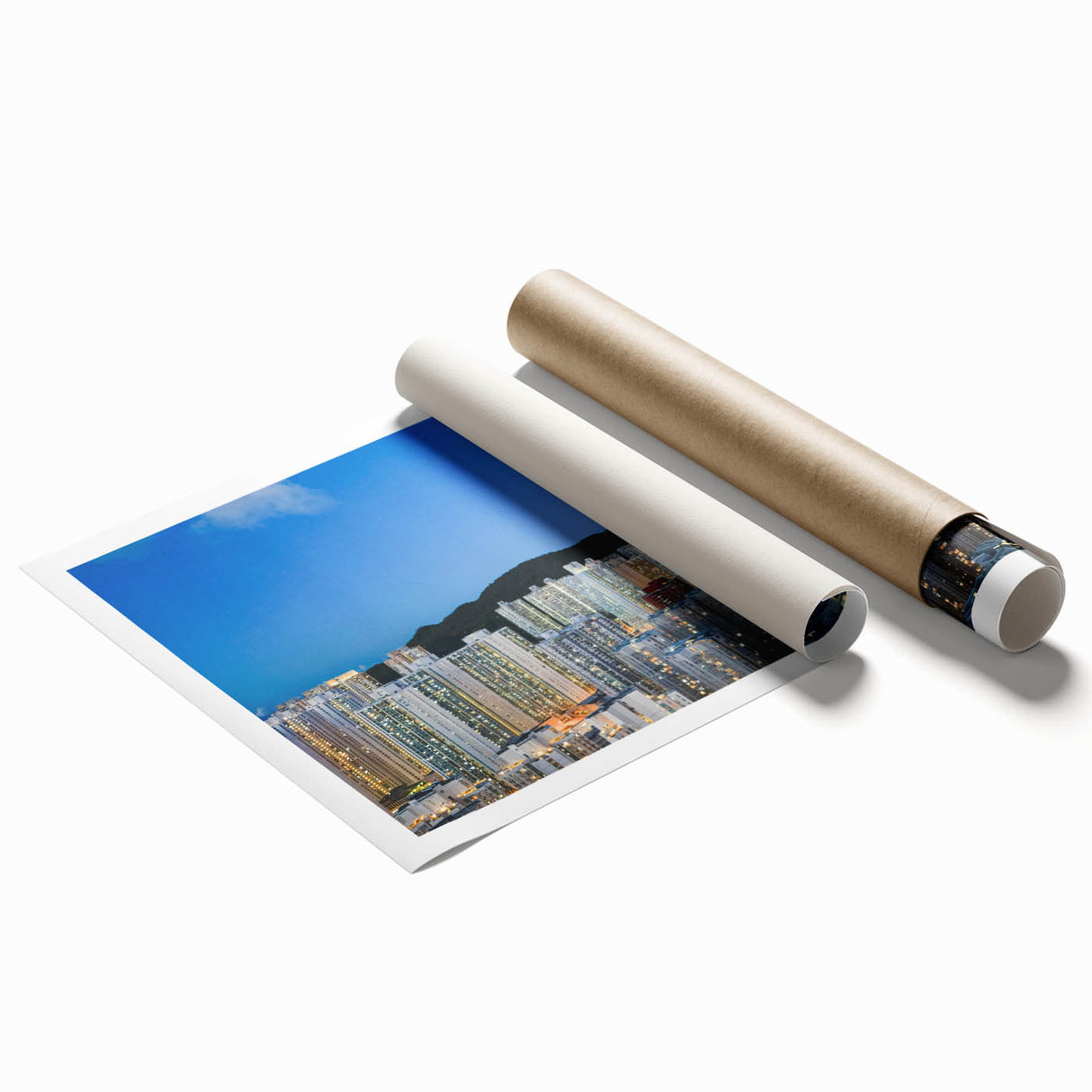 Extra large rolled print of Hong Kong scenery with floral elements in muted colors, ideal for classy bathroom wall art.