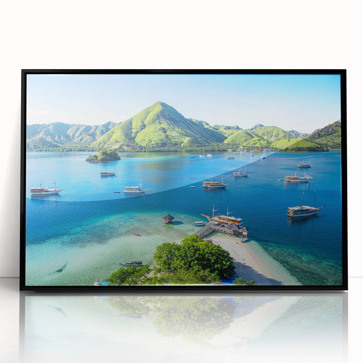 Large abstract wall art depicting a serene Indonesian landscape in muted earth tones on a framed acrylic.