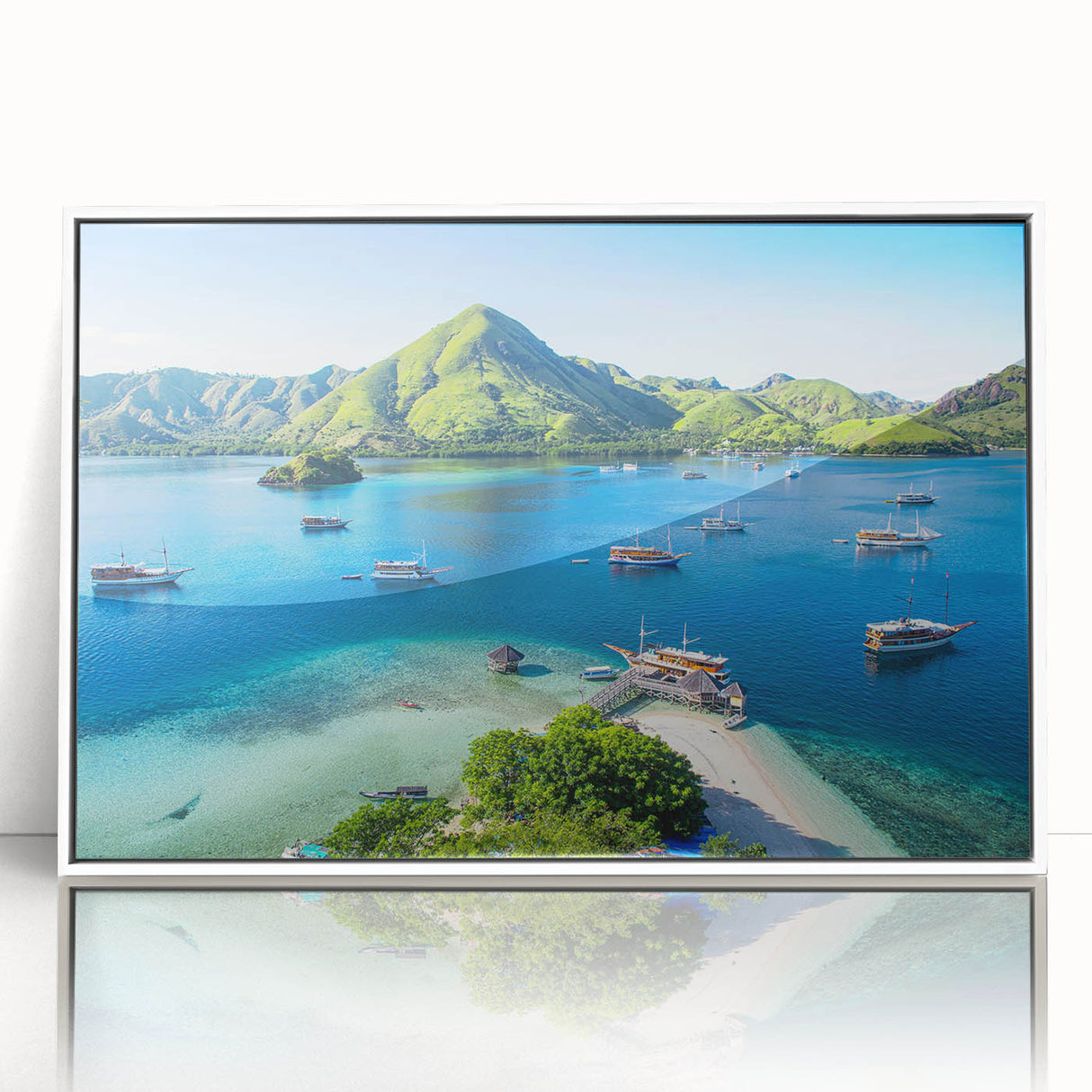 Acrylic print of a serene Indonesian landscape in pastel shades, ideal for modern art wall decor in a nursery.