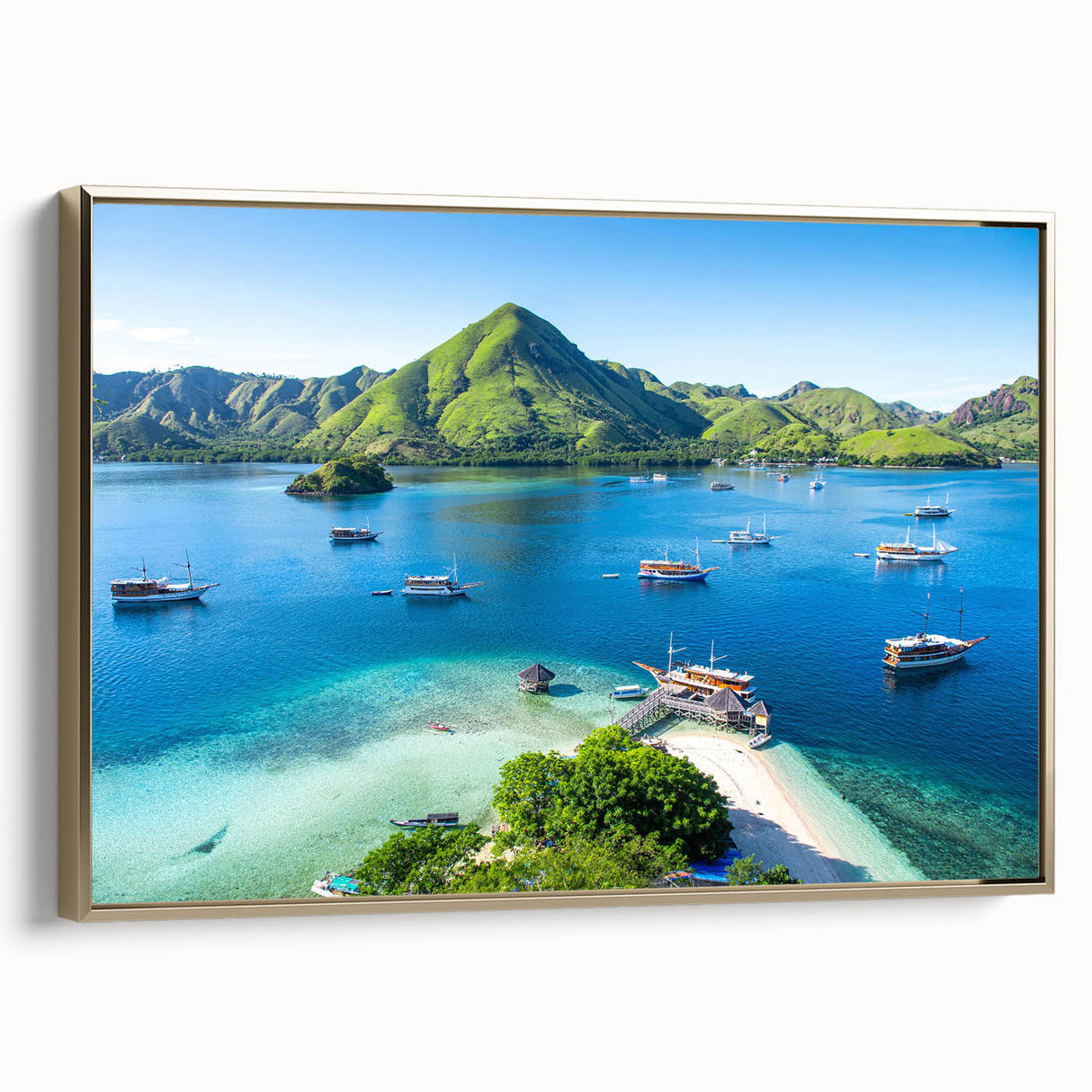 Framed canvas featuring a vintage-style Indonesian landscape in muted gold and black tones, ideal for bedroom wall decor.