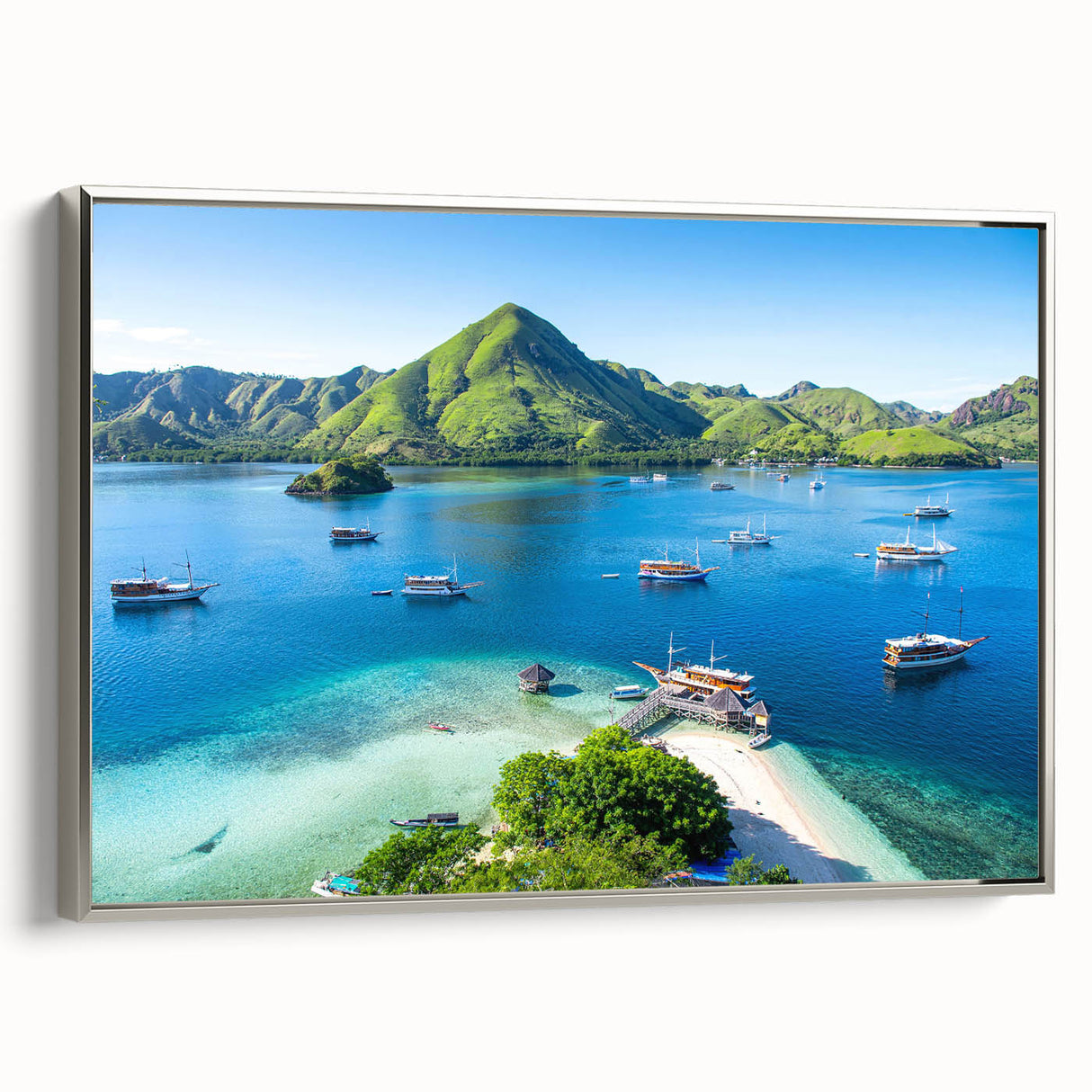 Landscape art painting of an Asian scenery in Indonesia, depicted in colorful art tones on a framed canvas.