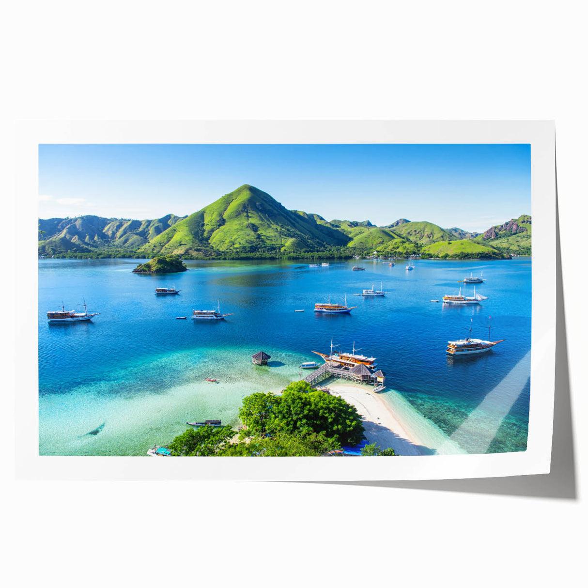 Extra large rolled print of a serene Indonesian landscape with lush greenery and soft blue sky.