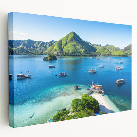 Large art depicting a scenic Indonesian landscape in muted earth tones on stretched canvas, suitable for kitchen wall art.