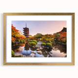 Extra large abstract art print depicting a textured Kyoto scenery in muted gold and green tones on a framed canvas.