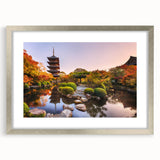 Textured art print depicting an abstract Kyoto scenery in muted grays and blues, framed in silver.