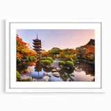 Abstract art print featuring a stylized Kyoto landscape in muted earth tones on a framed white canvas.